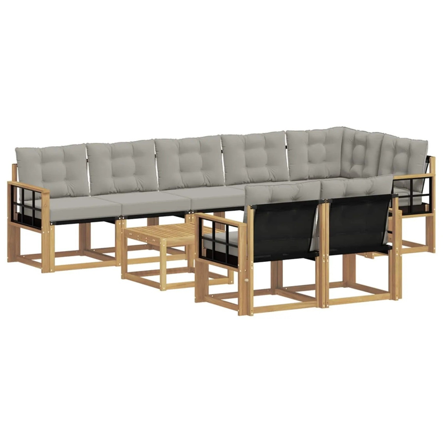 vidaXL Outdoor-Sofagarnitur 9-teilig aus Akazienholz und Textilene in Weiß-Hellgrau mit Kissen und Armlehnen - Bild 2