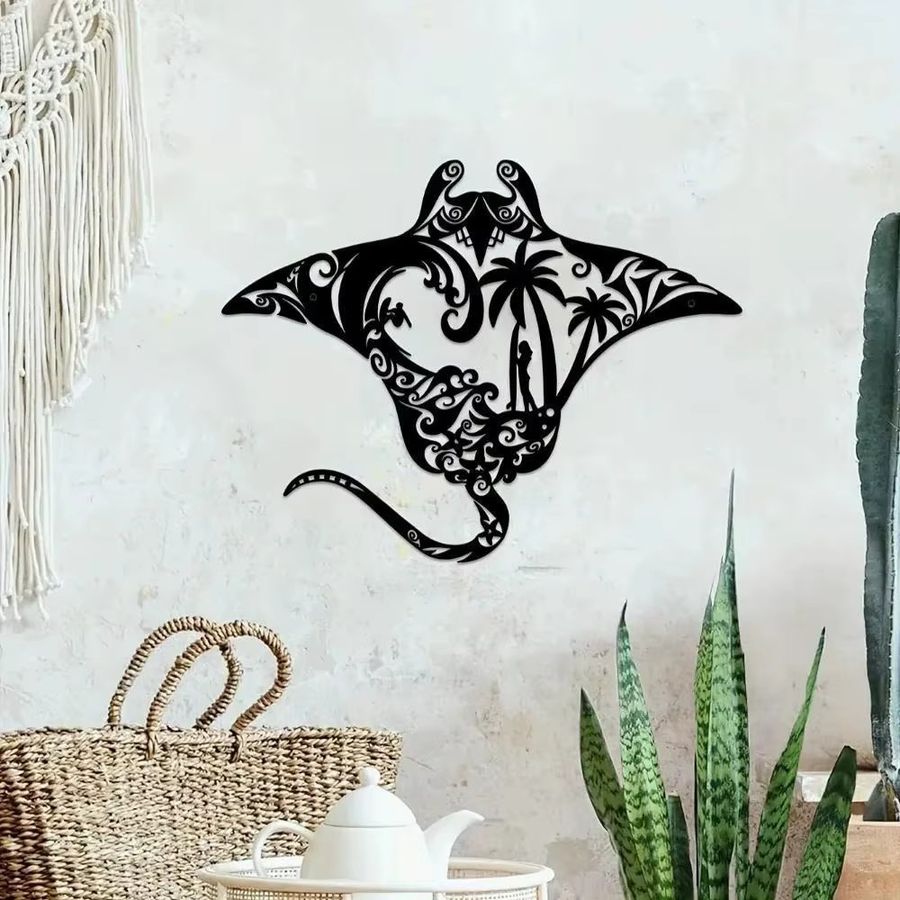 CIFBUY Wandkunst Manta-Ray aus Metall in Schwarz mit Surfbrett, Wellen, Seestern und Palmen-Silhouette zur Wandmontage - Bild 3