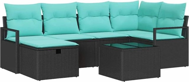 vidaXL 7-teiliges Lounge-Gartenmöbel-Set aus Poly-Rattan in Schwarz und Türkis mit Kissen und Couchtisch - Bild 1