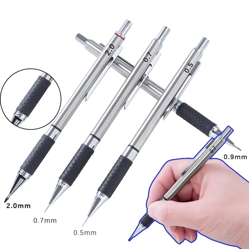 MROOFUL Metall-Druckbleistift mit Anti-Rutsch-Griff in Silber, erhältlich in den Minenstärken 0,5 mm, 0,7 mm, 0,9 mm und 2,0 mm zum Zeichnen, Skizzieren und Schreiben - Bild 2