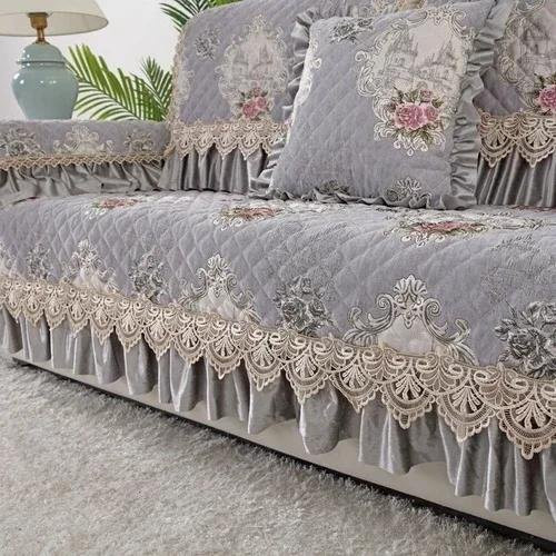 BC-Warm Home Universal-Sofabezug mit großem Rock im europäischen Stil, rutschfeste Sofamatte aus Baumwoll-Leinen-Jacquard mit floralem Muster, Farbe: Grau, B/T/H: 120 x 70 x 18 cm - Bild 1