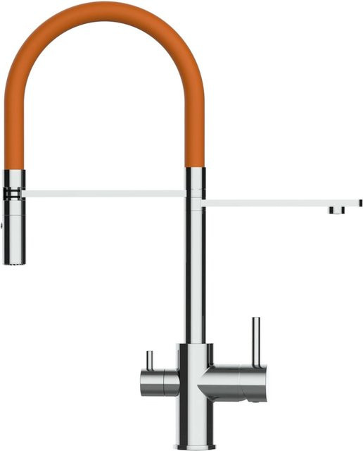 VIZIO 3-Wege Küchenarmatur mit 360 Grad schwenkbarem Auslauf, abnehmbarer 2-Strahl Handbrause und Filterfunktion, verchromt, Orange - Bild 1