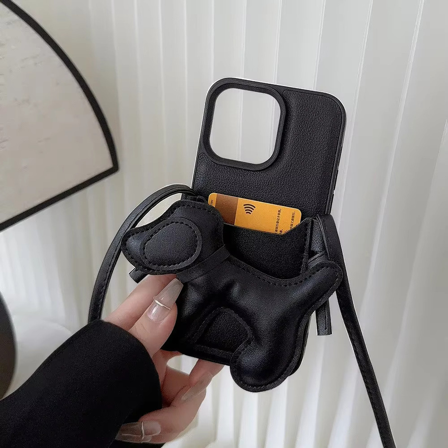 Potdemiel Luxuriöse Umhängetasche mit Lanyard-Halskette und Welpen-Kartenhalter aus Leder als stoßfeste Handyhülle für iPhone 11 bis iPhone 17 Pro Max in Schwarz - Bild 6