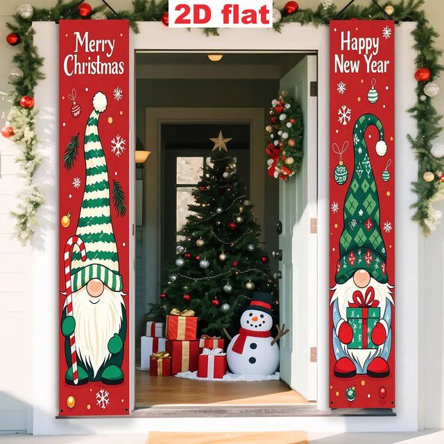 VIKAMA Weihnachts-Zwerg Veranda-Banner in Rot aus Polyester für Innen- und Außenbereiche, Dekoration für Weihnachten und Neujahr, B/H: 180 x 30 cm - Bild 1