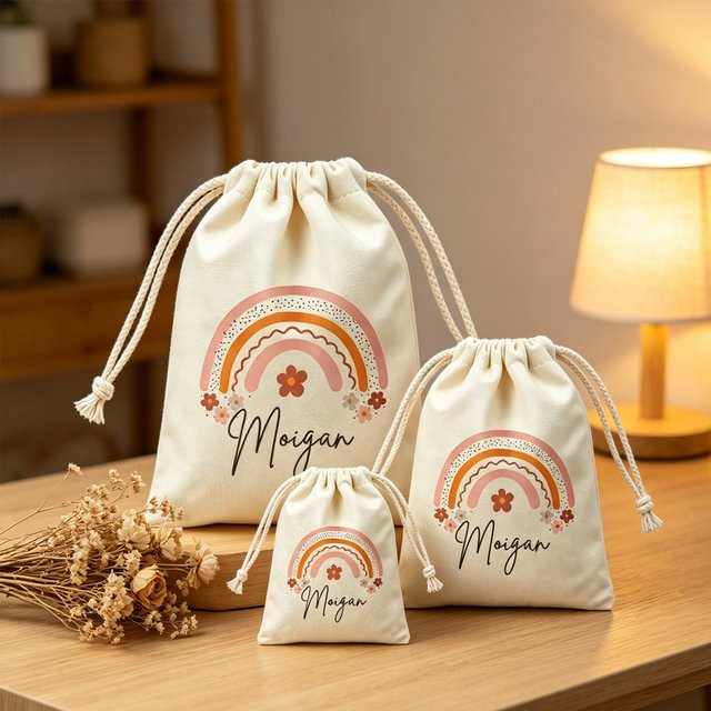 Anpassbarer Aufbewahrungsbeutel mit Namen im Boho-Regenbogen-Design von WEIGAO, Mehrfarbig, Textil mit Kordelzug für Reisen und Babypartys - Bild 1