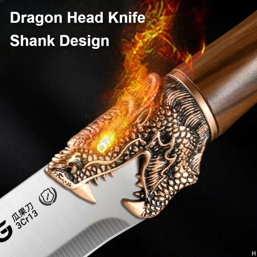 PLYS Wassermelonenmesser Cleaver aus Edelstahl mit Drachenkopf-Design und verlängertem Griff in Silber - Bild 4