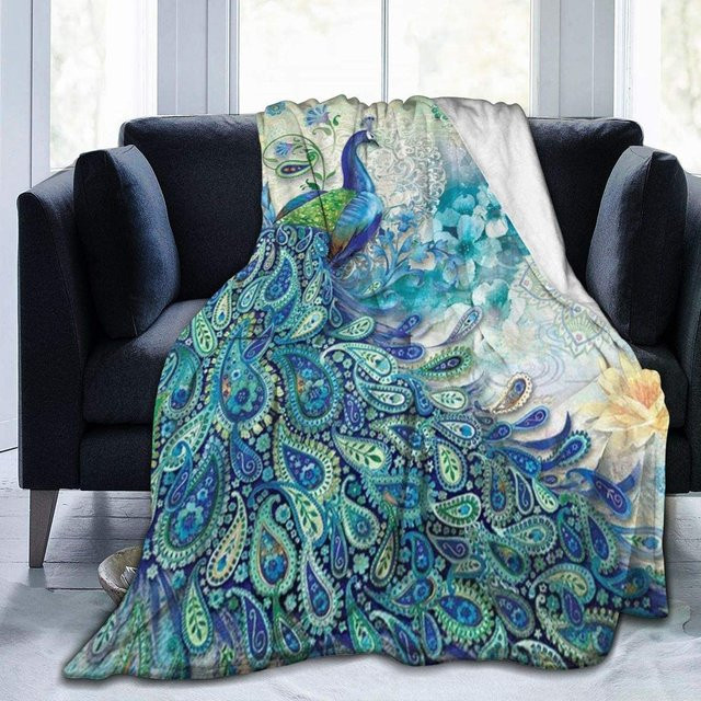 Your Warm Home Botanische Flanell-Fleece-Decke in Blau mit Pfau- und Floral-Design, B/B/H: 150 x 100 cm - Bild 1