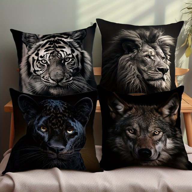 VIKAMA 4-teiliges Beast King Kissen-Set in Schwarz-Weiß, quadratische Tier-Dekokissen mit Grafikdesign, Breite: 45 cm, Breite: 45 cm, Breite: 45 cm, Breite: 45 cm - Bild 1