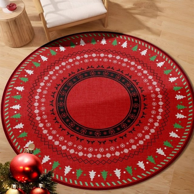 Runder VIKAMA Weihnachts-Teppich mit Rentier und Weihnachtsbaum Motiv in Rot, Durchmesser: 80 cm - Bild 1