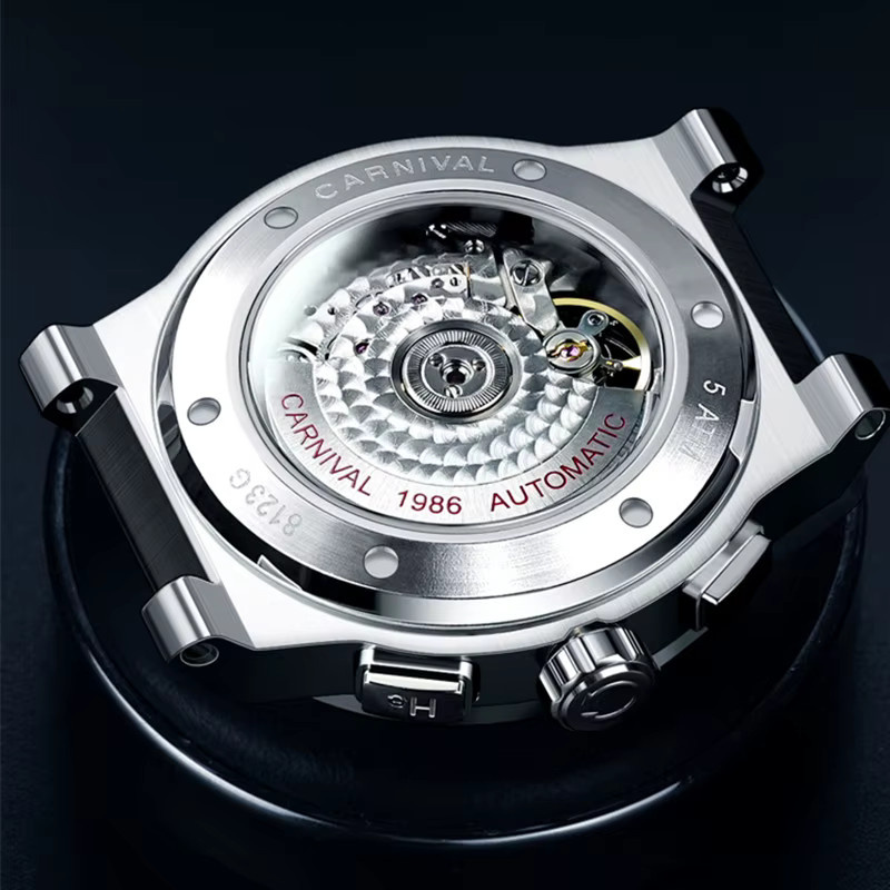 KARNEVAL Armbanduhr Automatik, Edelstahl, Silber, Leder, Herren - Bild 4