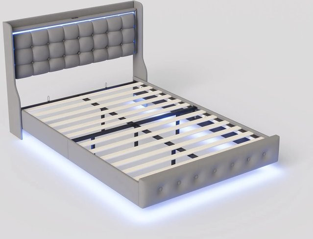 PXloue Polsterbett aus Samt mit LED-Unterbettbeleuchtung, USB- und Type-C-Anschluss sowie Nachttischablage in Grau, B/T/H: 160 x 200 x 147 cm - Bild 1