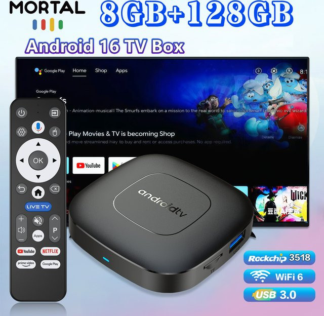 Mortal T1 Android 16 TV-Box RK3518 in Schwarz mit 128 GB Speicher, 4K HDR, Sprachsteuerung, Google Chromecast, Dual-WiFi und 6 USB 3.0-Anschlüssen - Bild 1