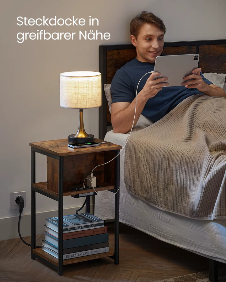 VASAGLE Beistelltisch in Braun mit Steckdosen und USB-Anschlüssen, schmaler Nachttisch im Industrial Design, B/T/H: 30 x 34 x 58 cm - Bild 5