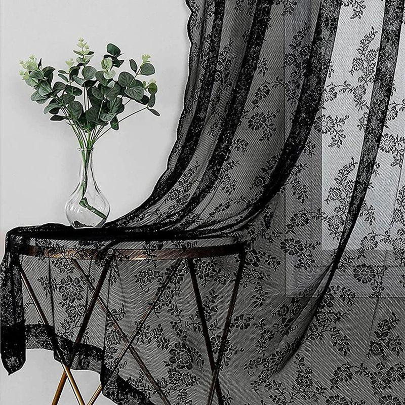 Fanda Transparenter Spitzenvorhang mit Blumenmuster für Fenster und Wohnzimmer, Schwarz, B: 100 cm, H: 200 cm - Bild 2