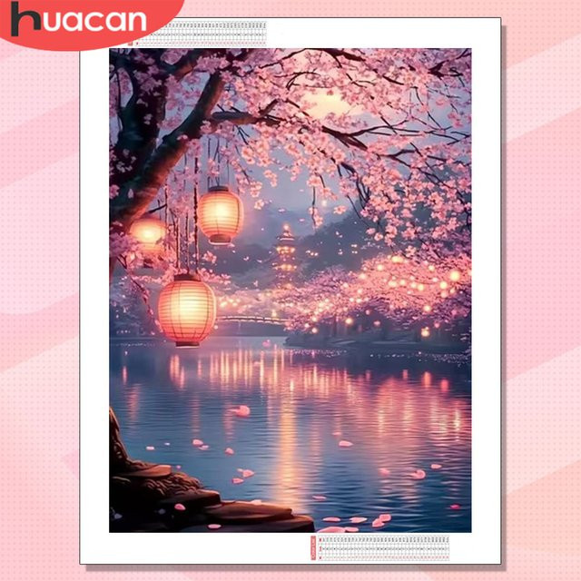 HUACAN Diamant-Gemälde Kirschblüten-Landschaft in Pink, 5D Mosaik-Kunsthandwerk mit runden Strasssteinen - Bild 1