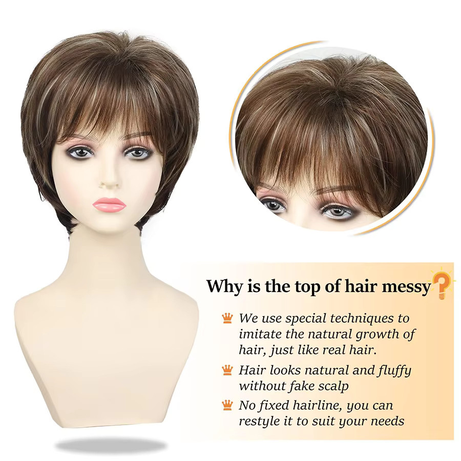 WENYAN Damenperücke, Pixie Bob, Synthetisch, Braun-Blond, 4 Zoll - Bild 4