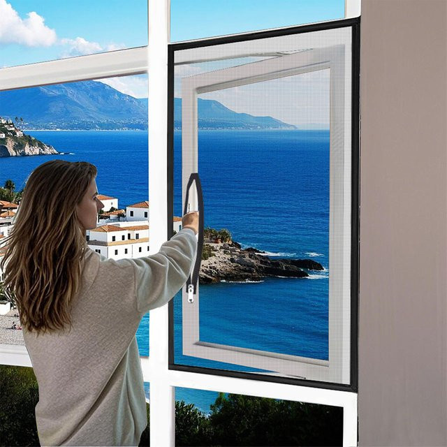 Schwarzes Fenster-Moskitonetz mit Griff und Reißverschluss aus Glasfaser-Tüll für Fenster und Oberlichter - Bild 1