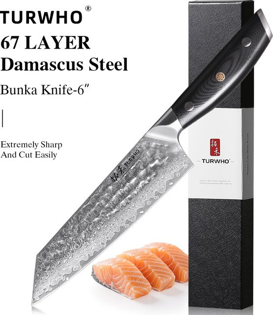 TURWHO Bunka Kiritsuke Kochmesser aus 67-lagigem Damaszener Stahl, 15,24 cm Allzweckmesser für die professionelle Küche - Bild 1
