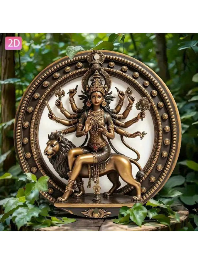 HELLOYOUNG Vintage Hindu-Göttin Durga Statue als Wandkunst-Plakette aus Aluminium in Gold und Schwarz mit Löwenhalterung - Bild 4