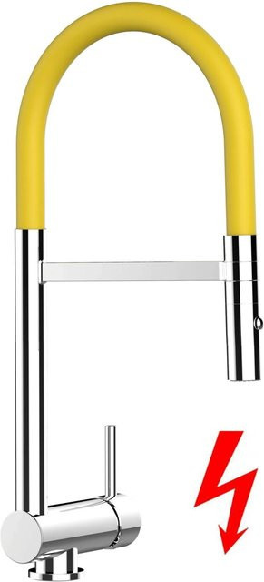 VIZIO Küchenarmatur für Niederdruck mit 360 Grad schwenkbarem Auslauf und abnehmbarer 2-Strahl-Brause, Verchromt, Gelb, Höhe: 6 cm - Bild 1