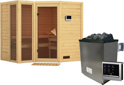 Karibu Sauna Kunda aus Fichtenholz in Beige inklusive 9 kW Saunaofen mit externer Steuerung für 4 Personen, B/T/H: 236 x 184 x 209 cm - Bild 1