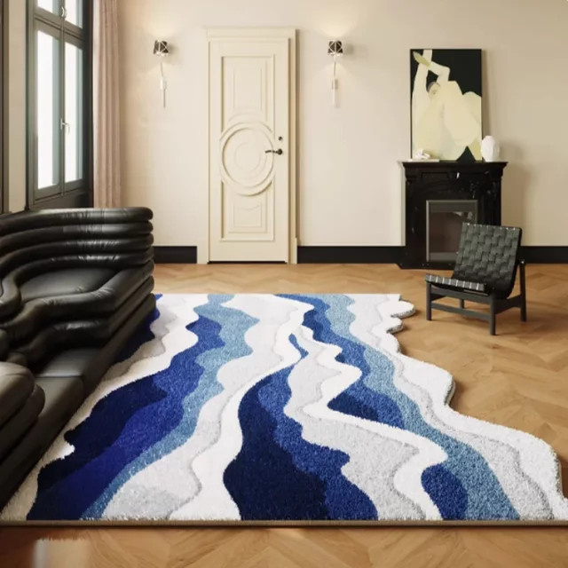 VIKAMA Wellenform Teppich in Blau aus Kaschmirimitat für Wohnzimmer und Schlafzimmer - Bild 1