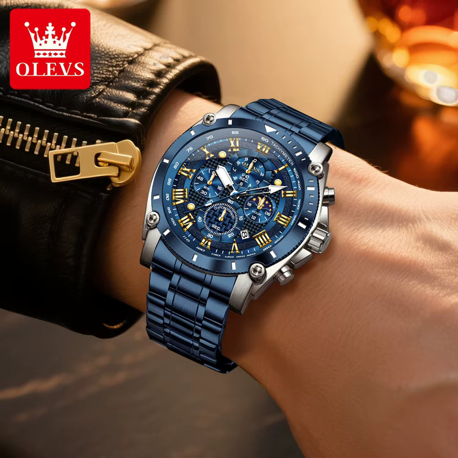 OLEVS Chronograph, Mondphase, Quarz, Edelstahl, Schwarz, Herren - Bild 5