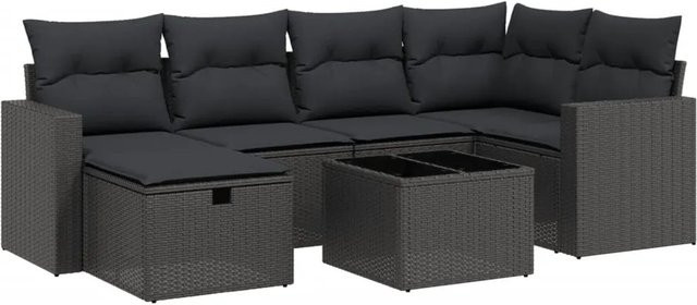 vidaXL 7-tlg Garten-Sofagarnitur aus Poly Rattan mit Kissen in Schwarz - Bild 1