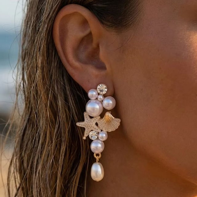 Rinhoo Ohrhänger Seestern-Muschel, Imitationsperlen, Strass, Damen - Bild 1