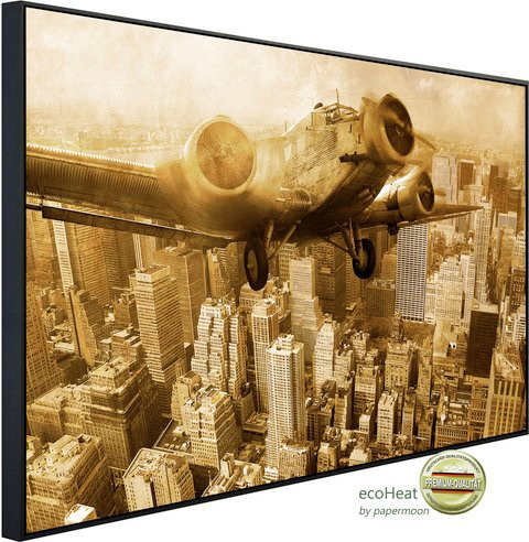 papermoon EcoHeat Infrarotheizung Altes Flugzeug über Manhattan in bunt mit Matt-Effekt, App-Steuerung und Überhitzungsschutz, B/H/T: 60 x 60 x 60 cm - Bild 1