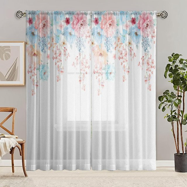 2-teiliges Set halbtransparente Vorhänge mit floralem Pfingstrosen-Print in Weiß und Multicolour, B: 132 cm, H: 160 cm - Bild 1