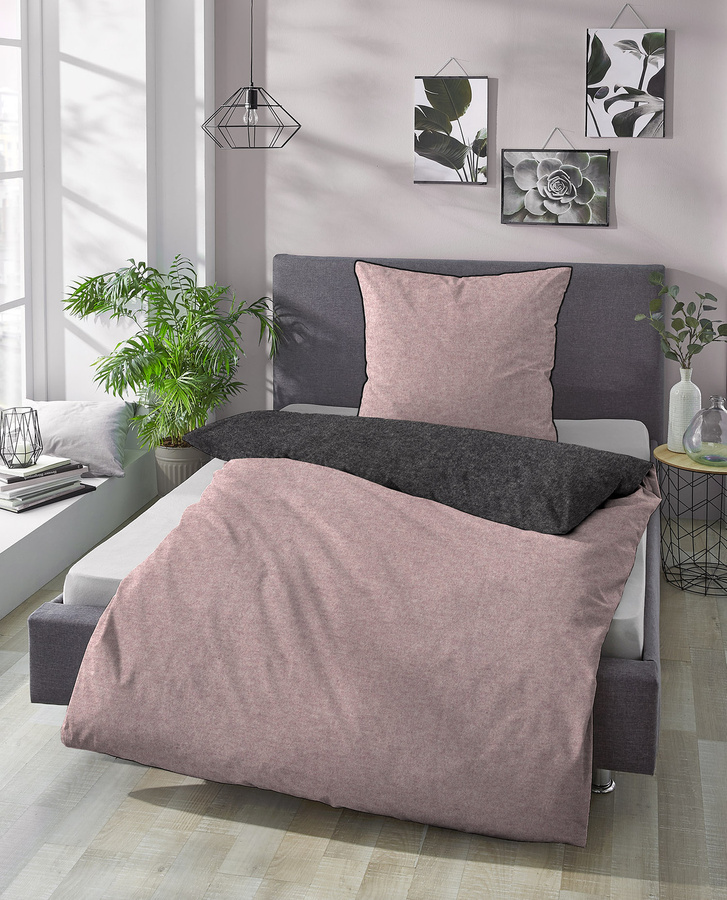 Biberna Bettwäsche Set Uni-Melange Flanell aus Baumwolle in Rot und Pink mit Reißverschluss, B/H: 155 x 220 cm und 80 x 80 cm - Bild 1