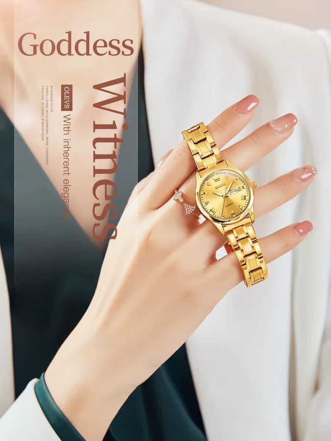 OLEVS Armbanduhr Edelstahl, Gold, Diamantbesetzt, Quarz, Damen - Bild 3