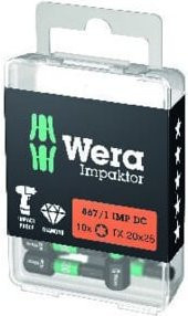 Wera Impaktor DC T20 Bit Set mit 10 Bits, Länge: 25 mm, 1/4 Zoll, C6,3, Multicolor