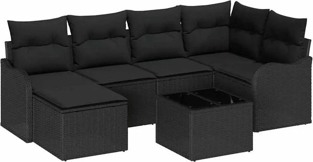 vidaXL Garten-Sofa-Set aus Poly Rattan in Schwarz mit 7-teiliger Polsterung und UV-beständigen Kissen in L-Form - Bild 1
