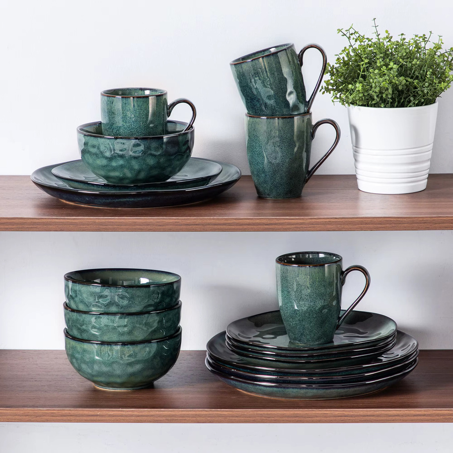 Vancasso Dinner-Set Sternenhimmel in Grün, 16-teiliges Tafelservice mit Speisetellern, Desserttellern, Schüsseln und Bechern aus Kiln-Change-Glaze - Bild 5
