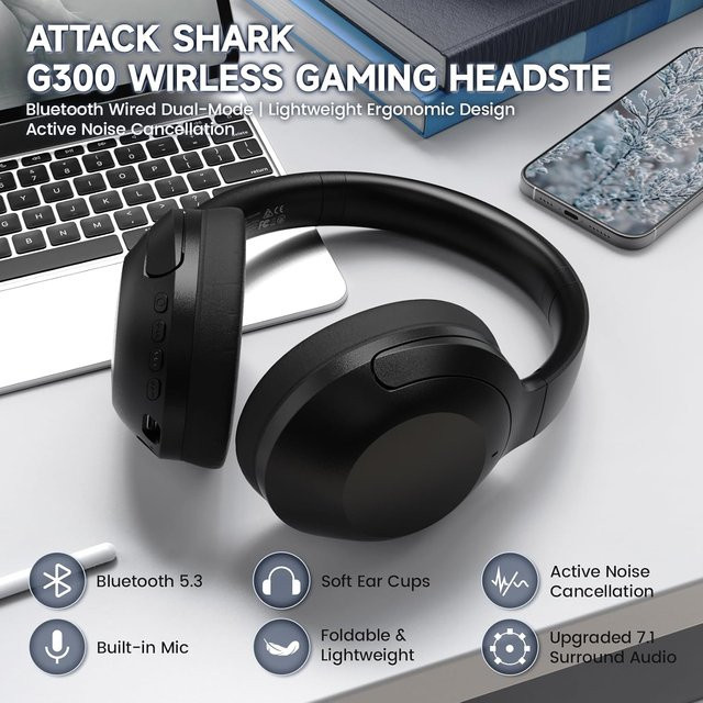 Attack Shark G300 Kabelloser Over-Ear-Kopfhörer mit Bluetooth und ENC-Geräuschunterdrückung in Schwarz oder Lila mit 3,5-mm-Audioanschluss - Bild 1