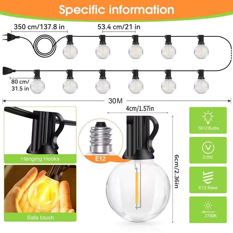 Arbrac Outdoor Garten Lichterkette mit G40 LED Bruchsicheren Glühbirnen, Warmweiß, IP44 Wasserdicht, Transparent - Bild 5