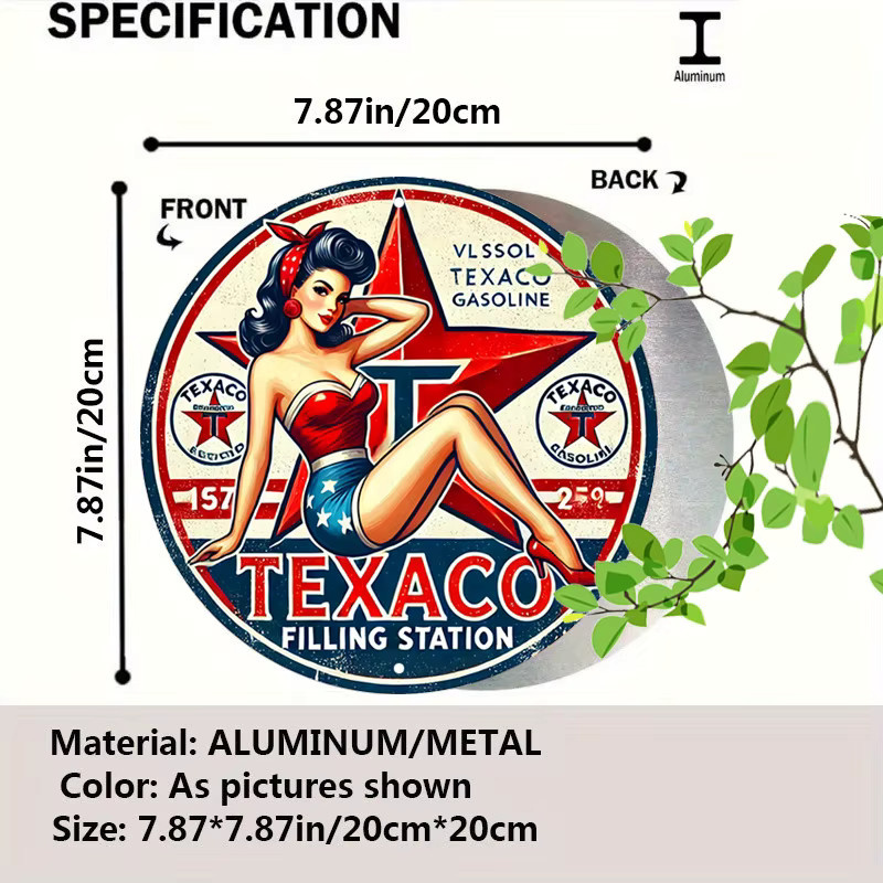 Potdemiel Vintage Texaco Rundes Aluminiumschild – Retro Pin-Up Metallblech-Wandkunst in Mehrfarbig, Durchmesser: 20 cm - Bild 2