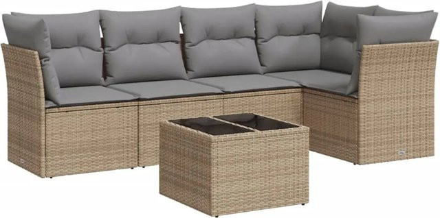 vidaXL 6-tlg Garten-Sofagarnitur in L-Form mit Polsterkissen und Couchtisch, Beige, Poly Rattan und Metallgestell - Bild 1