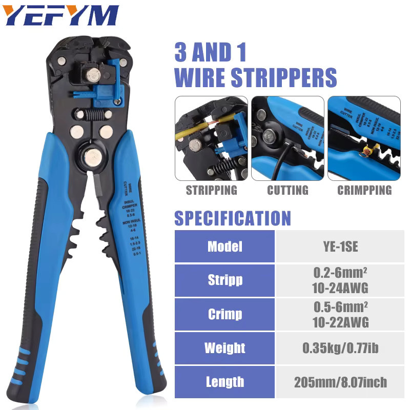 YEFYM 3-in-1 Automatisches Abisolierwerkzeug YE-1SE in Blau, 8 Zoll Abisolierzange für 24-10 AWG (0,2-6 mm2) mit Schneid- und Crimpfunktion - Bild 2