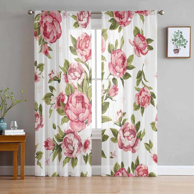 Yiran Furniture Transparentes Tüll-Fenstervorhang mit Vintage Blumen Design in Rosa und Weiß, Breite: 135 cm, Höhe: 185 cm - Bild 1