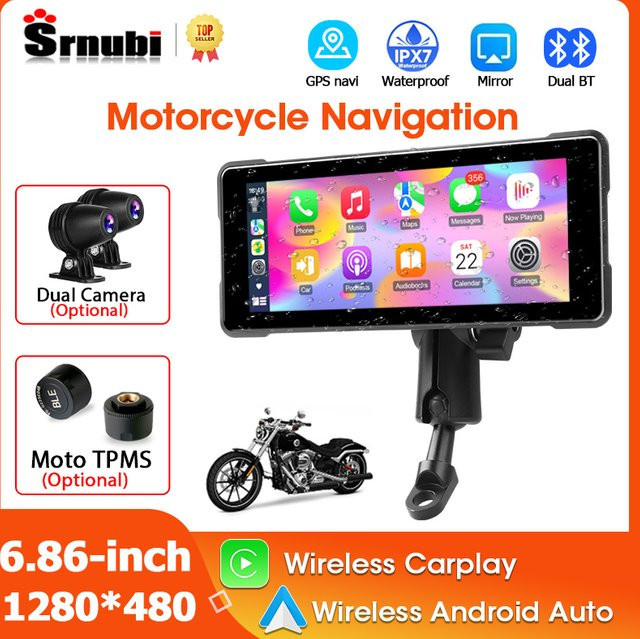 Srnubi Motorrad Dashcam mit 6,86 Zoll Display, 1080P Dual Cam, GPS Navigation, Wireless CarPlay und Android Auto, inklusive TPMS, Schwarz - Bild 1
