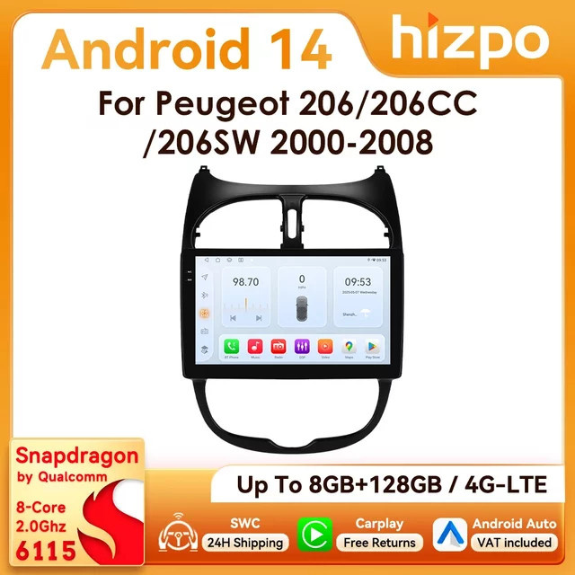 Hizpo 2Din 9 Zoll Android 14 Autoradio für Peugeot 206 206SW 206CC (2001–2008) mit Snapdragon 6115, CarPlay, 4G, Bluetooth, GPS und 360 Grad Kamera in Schwarz - Bild 1