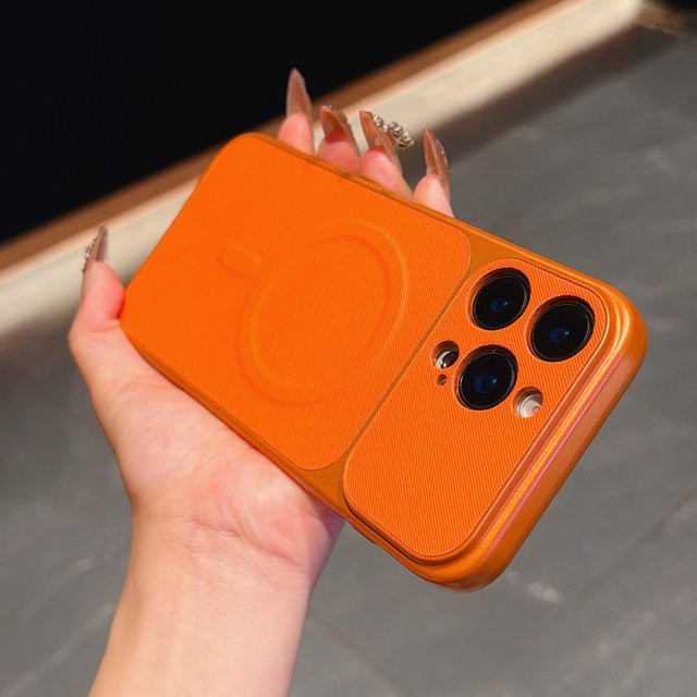 Magnetische iPhone Hülle mit Ledertextur und großem Fenster für Apple iPhone 17 16 15 14 13 Pro Max in Orange mit Kameraschutz und mattem PC-Cover - Bild 1