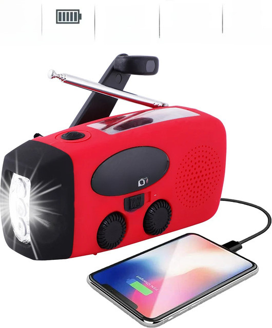Multifunktionale Solar-Campinglampe mit LED, AM/FM Radio und Handdynamo, 2000mAh Akku, USB-C Ladung, Rot/Schwarz - Bild 1