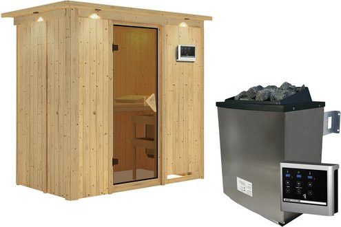 Karibu Sauna Pärnu aus Fichtenholz mit 9 kW Saunaofen und externer Steuerung für 2 Personen, beige, B/T/H: 210 x 132 x 202 cm - Bild 1