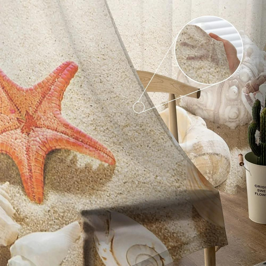 Yiran Furniture Transparent Voile Vorhang mit Ozean Strand Seestern Muschel Design, B: 135 cm, H: 160 cm, Multicolour - Bild 1
