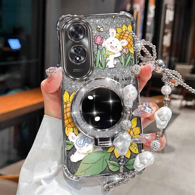 Handyhülle mit Glücklich Kaninchen Motiv und Lanyard für OPPO A57S A58 A54 A77S A78 A77 A38 A18 A16 A16S Find X8 Ultra in Schwarz und Multicolour - Bild 1