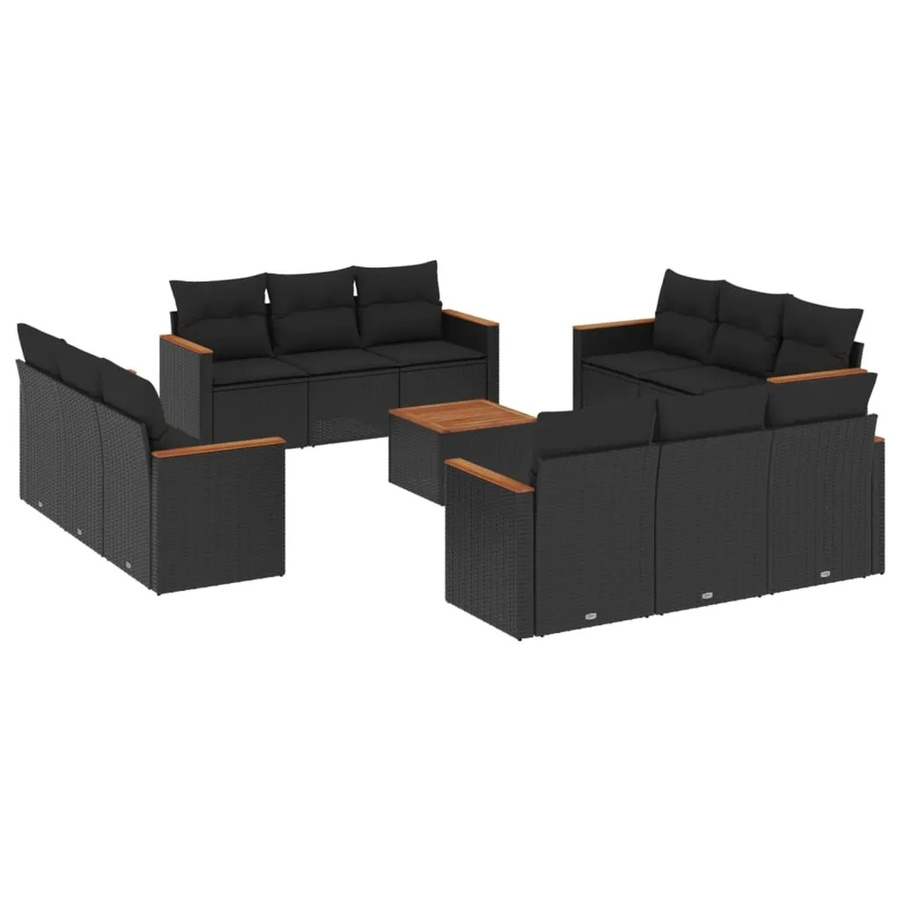 vidaXL 13-tlg. Garten-Sofagarnitur in U-Form aus Polyrattan und Akazienholz mit Kissen, Schwarz - Bild 2